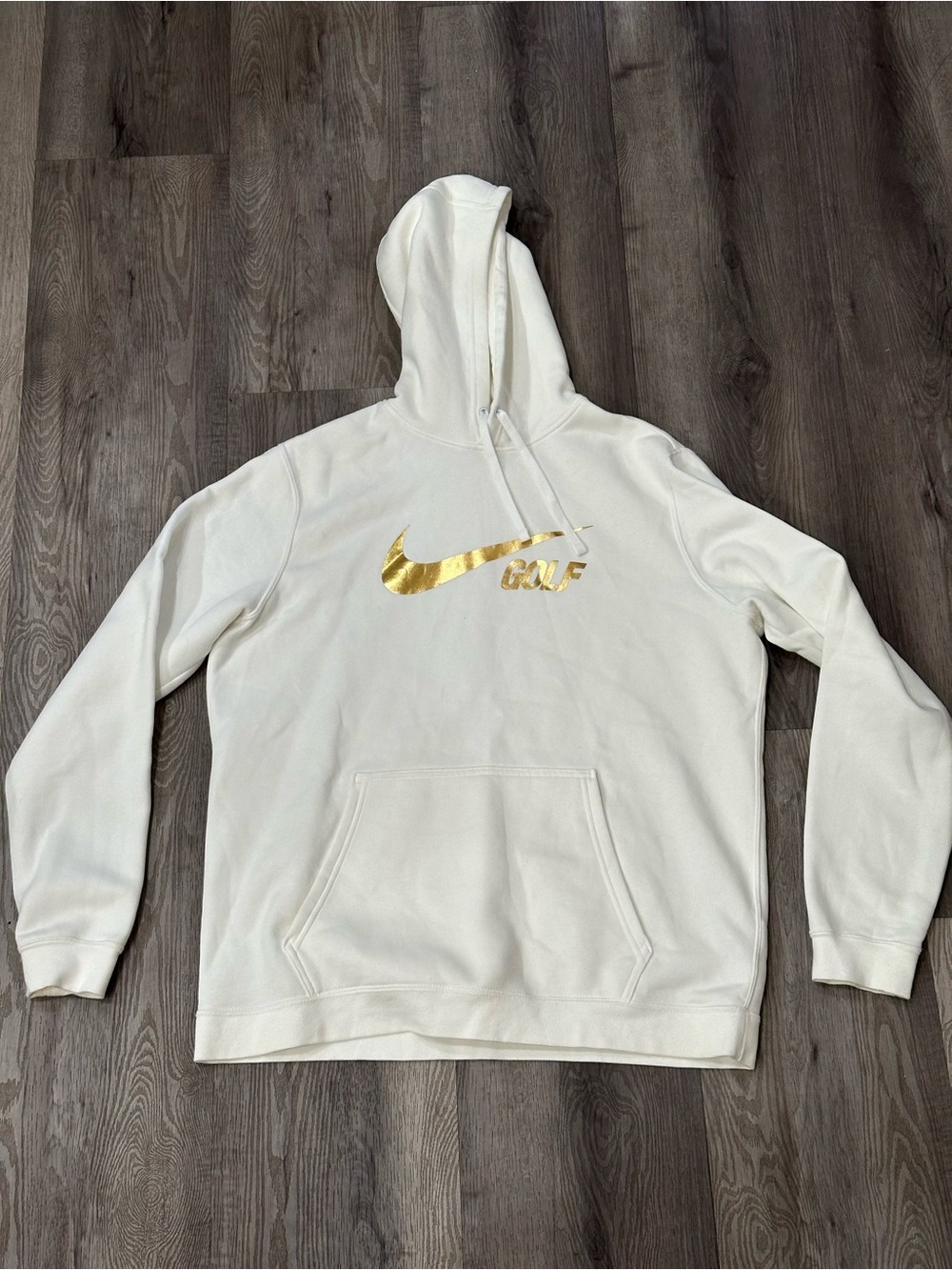 Nike Golf White pullover Hoodie with Gold Swoosh size large w front hand pouch